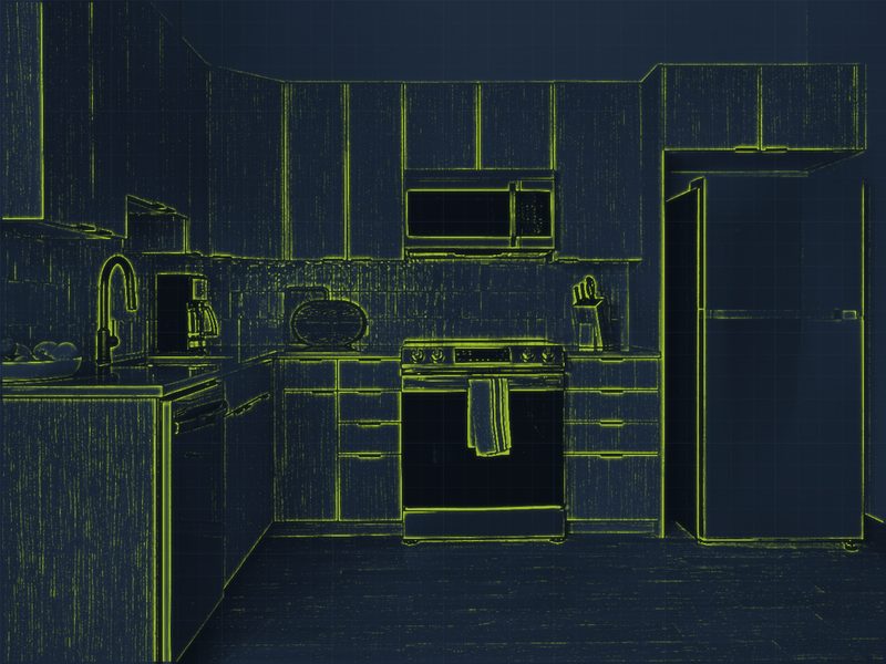 Schematic rendering of a residential kitchen interior
